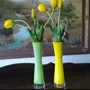 Blown Glass Vase Bud Flower Vase Yellow Green Candle Holder Mexico